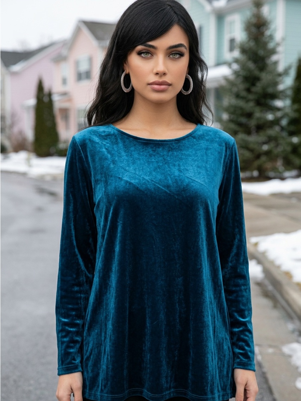 intro. Velvet Long-Sleeve Scoop Neck Top - Teal